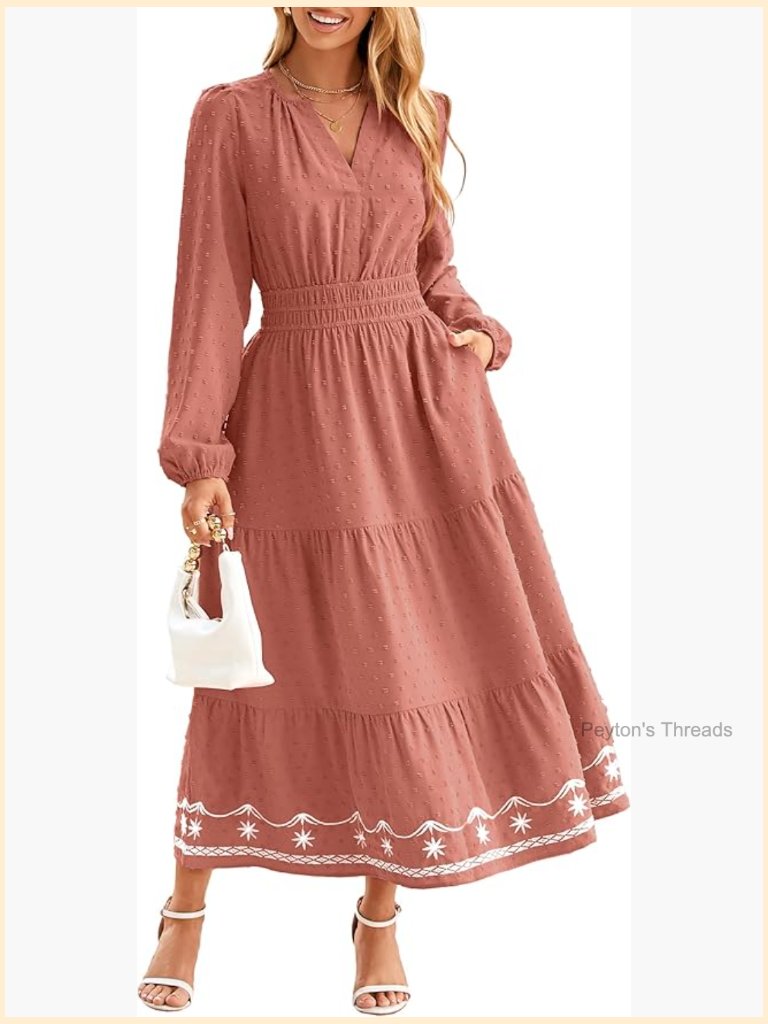 Long Sleeve Swiss Dot Maxi Dress With Pockets V Neck Boho Wedding Guest
